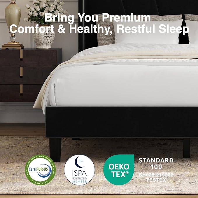 Novilla King Bed Frame, King Bed Frame and Headboard, Velvet Upholstered Wing Side Headboard, No Box Spring Needed, Heavy Duty Feet, Easy Assembly, Black Velvet