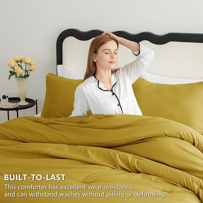 CozyLux Full Size Comforter Set Mustard Yellow, 3 Pieces Solid Breathable Quilted Bedding Sets, Luxury Lightweight Soft Bed Set with Down Alternative Comforter and 2 Pillowcases for All Seasons