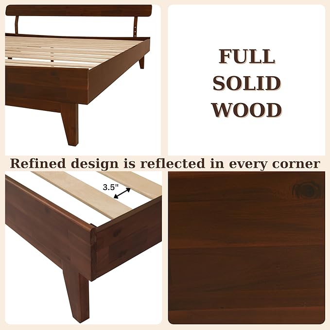 Bme Caden Queen Bed Frame and Adjustable Headboard, 15 Inch Mid Century Retro Style - Solid Acacia Wood - No Box Spring Needed - 12 Strong Wood Slat Support - Easy Assembly - Walnut