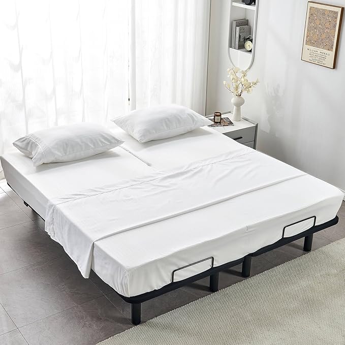 Kingnex Striped Split Top California King Sheets Sets for Adjustable Bed 4 Pieces Include 1 Flex Head Fitted Cal King Sheet 1 Flat Sheet 2 King Size Pillowcases White
