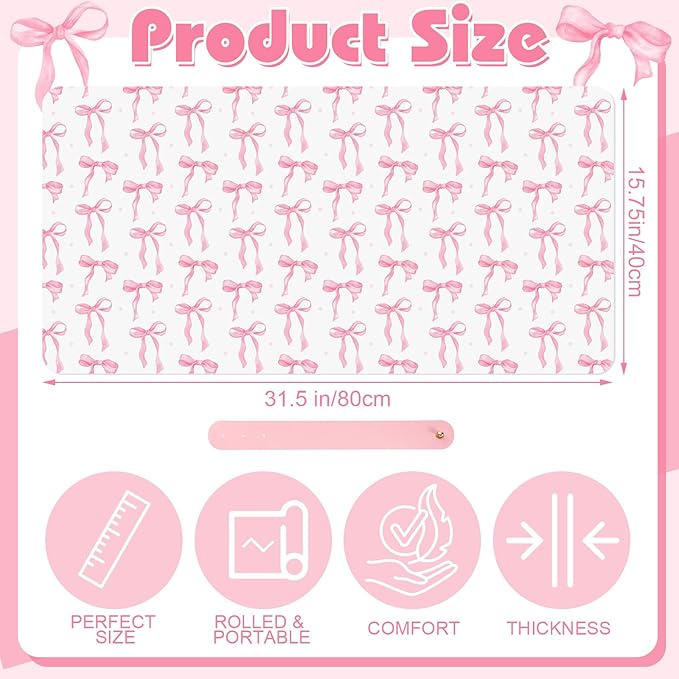 Teenyyou Coquette Bow Makeup Mat for Vanity Top Protector Graduation Gift Dual Side Leather Desk Mouse Pad Girly Waterproof Nonstick Dressing Accessories for Women Home Office(Pink,15.7"x31.5")