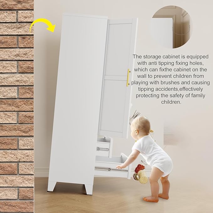 erosoei 71" H Metal Pantry Storage Cabinet,Office File Cabinets with 2 Drawers and Shelves, Kitchen Cupboard Storage Cabinet for Bedroom and Dinning Room（White）