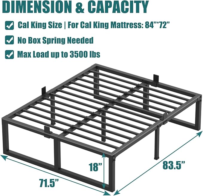 Yitong Angel California King Bed Frame, 18 Inch High 3500 lbs Metal Platform, Mattress Foundation with Steel Slat Support/No Box Spring Needed/Noise Free/Non-Slip/Easy Assembly