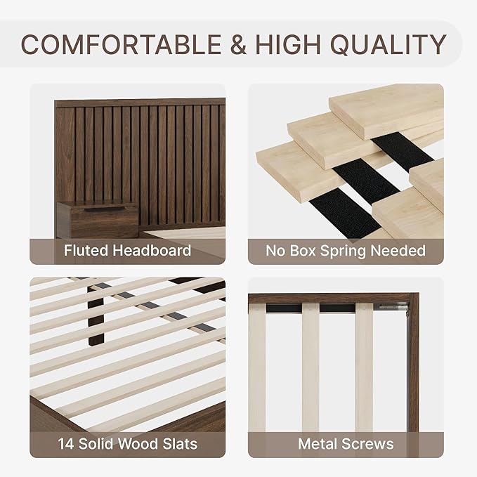 KISLOT Queen Size Wood Bed Frame with Built-in Nightstands, Modern Fluted Headboard & Storage Drawers, Solid Wood Slat Support, No Box Spring Needed, Noise-Free, Easy Assembly