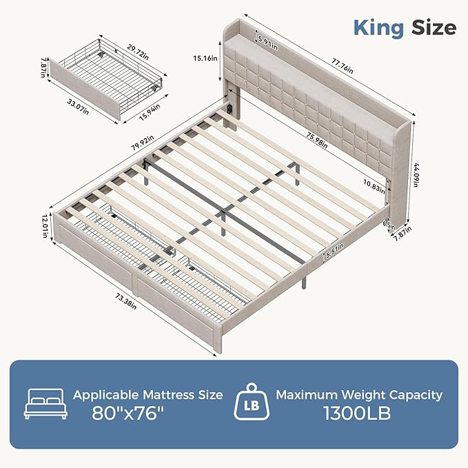 DUMOS King Size Upholstered Platform Bed Frame, King Bed with Storage Drawers and Fabric Headboard, Wooden Slats Support, 1323 lbs Weight Capacity, No Box Spring Needed, Easy Assembly, Beige