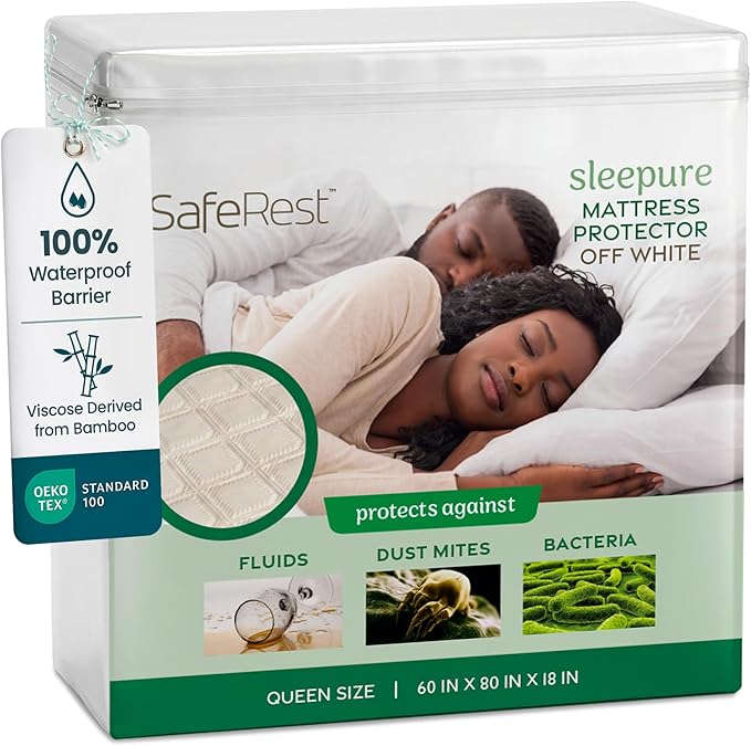 SafeRest Waterproof Queen Size Mattress Protector - Viscose Derived from Bamboo - Fitted with Stretchable Pockets - Machine Washable Viscose Blend Mattress Cover for Bed