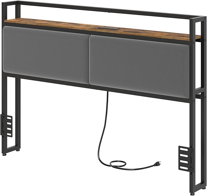 YATINEY Queen Size Headboard with Storage Shelves, Upholstered Headboard with Charging Station, Height Adjustable, Sturdy and Stable, Vintage Style, Rustic Brown, Gray and Black