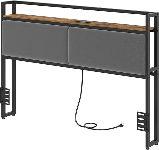 YATINEY Queen Size Headboard with Storage Shelves, Upholstered Headboard with Charging Station, Height Adjustable, Sturdy and Stable, Vintage Style, Rustic Brown, Gray and Black