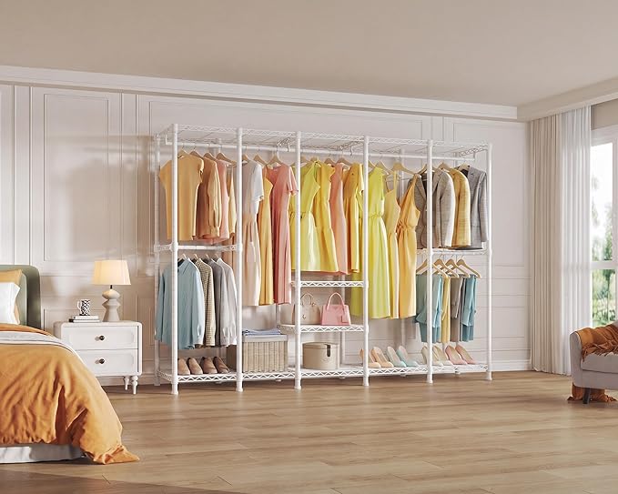 Higeego H5 Extra Large Heavy Duty Clothes Rack, Wire Garment Rack, Freestanding Clothing Rack for Hanging Clothes, Wardrobe Closet with Adjustable Shelf, 93.3" Wx15.7 Dx75.4 H, White, Load 1400 lbs