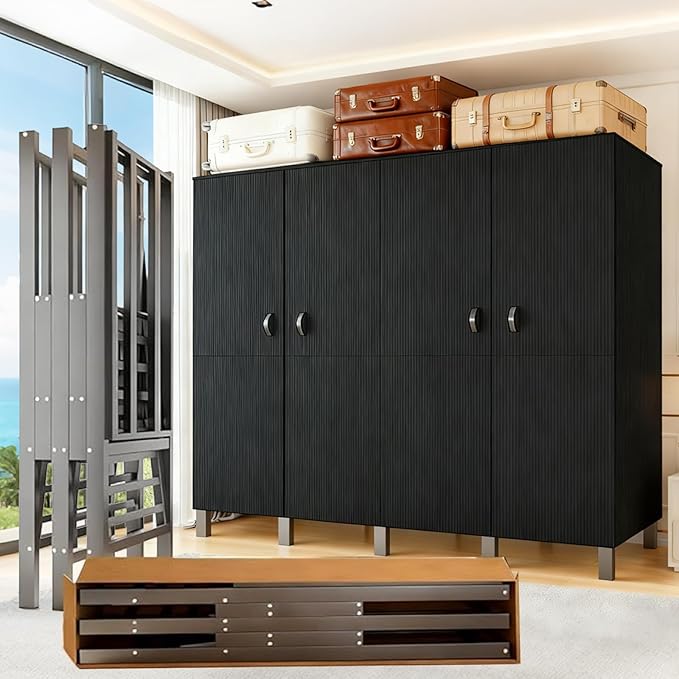 Freestanding Heavy Duty Wardrobe Closet with Magnetic Door, Portable Metal Closets, Foldable Wardrobecloset Organizers and Storage, for Bedrooms, Apartments, and Tenant (Black, 79.1in)