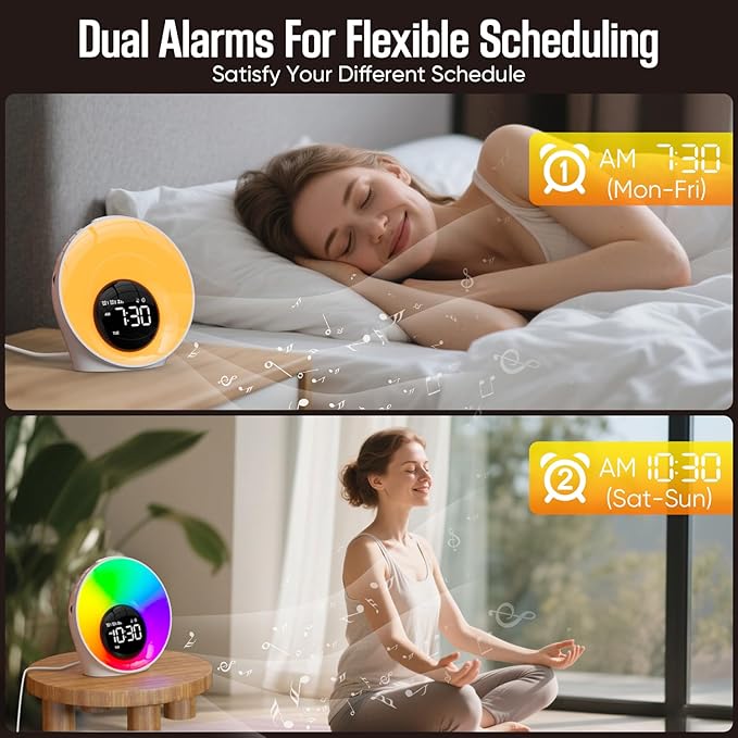 Wake Up Light Sunrise Alarm Clock, White Noise Sleep Sound Machine with 30 Soothing Sounds, Night Lights, Dual Alarms, Snooze, Timer, Bedside Lamp, Christmas Gift for Women, Kids, Heavy Sleepers