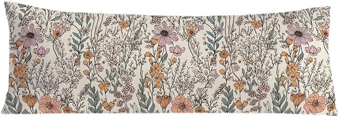 Vintage Boho Floral 20x54 Body Pillow Cover, Cottagecore Room Decor, Retro Rustic Cottagecore Flowers Aesthetic Decorative Long Body Pillow Cases for Bed Couch
