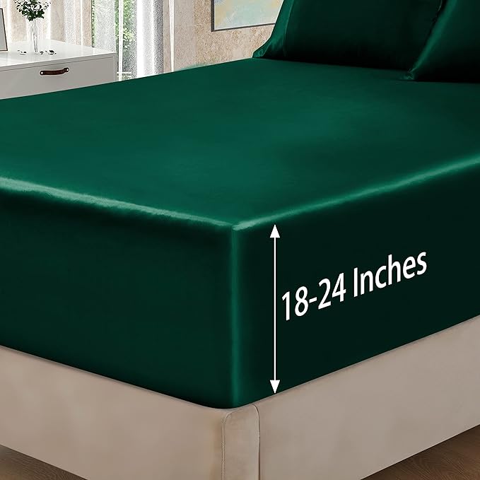 Homiest 4pcs Extra Deep Pocket Satin Sheets - Full Size Bed Set, 18-24 Inch Deep Pocket, Blackish Green Satin Bedding Set Fits Ultra Deep Mattress