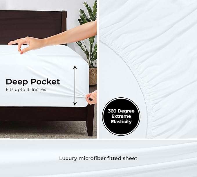 Royale Linens 2 Pack Fitted Sheet - Elastic Sheets - King Fitted Sheet Only - Soft & Breathable - Brushed 1800 Microfiber - Stain Resistant- Hotel Quality Deep Pocket Stretches Up to 16" (King, White)