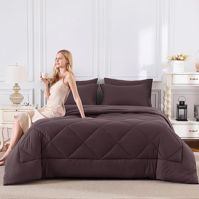 CozyLux Queen Comforter Set Cocoa Powder - Bed in a Bag Queen Size 7 Pieces, Luxury Soft Bed Set for All Seasons, Bedding Set with Down Alternative Comforter, Sheets, Pillowcases & Shams