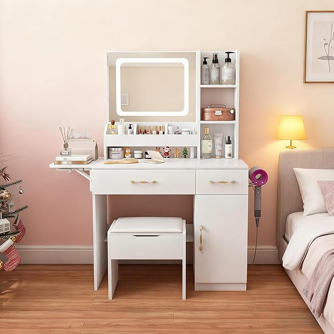 Casaphoria Vanity Desk with Stool, LED Mirror & Outlet, 43 Inch White Makeup Vanity with 2 Drawers & 7 Shelves, Dressing Table with Storage Stool for Bedroom