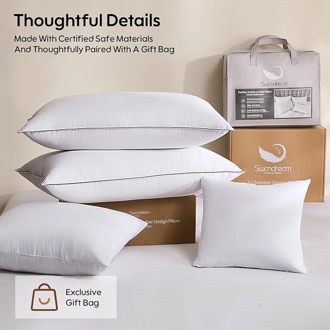 Goose Feather and Down Bed Pillow Standard Size Single Pack, Luxury 3-Chamber Pillows with Soft & Down-Proof Cover, Fluffy Plush Hotel Pillow for Side, Back & Stomach Sleepers