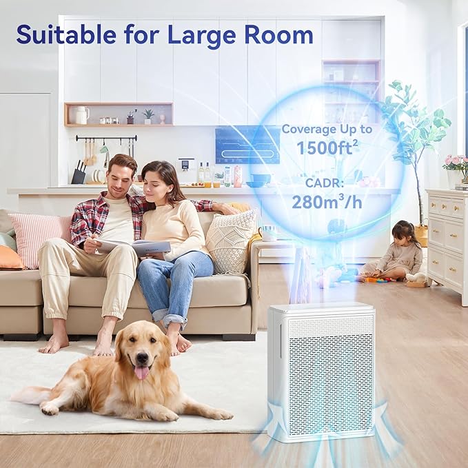 YARIKI Air Purifiers for Home Pets Covers Up to 1500 Sq Ft,H13 Hepa Filter with Washable Pre-Filter,Pet Hair Dander Smoke Air Cleaner,22 dB Quiet Sleep for Living Room Bedroom Kitchen,P280 (White)