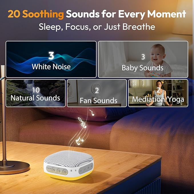 Portable Sound Machine for Travel, White Noise Sound Machine for Sleeping, 52-Hour Lasting Mini Noise Machine with 21 Quality Non-looping Sounds, Headphone Jack, Memory, Timer for Adults,Hotel (White)