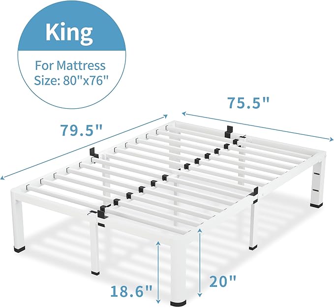 VIPSHOW 20 Inch King Size White Bed Frame, 3500Lbs Heavy Duty Metal Platform with Round Corner Legs Mattress Slide Stopper, Steel Slat Support No Box Spring Needed, Noise Free, Non-Slip, Easy Assembly