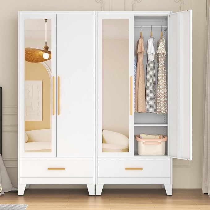 72" Tall Metal Wardrobe Closet - Large Clothing Storage Cabinet with 1 Hanging Rod, 1 Adjustable Shelve, 1 Drawer & Mirror Doors - Closet Organizer for Bedroom, Office, Laundry Room, Garage - White