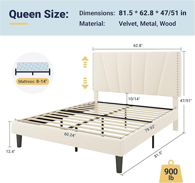 Allewie Queen Size Bed Frame with Adjustable Velvet Upholstered Headboard, Rivet-Style Nailhead Trim Detail Platform Bed Frame, Wooden Slat Support, No Box Spring Needed, Easy Assembly, Cream