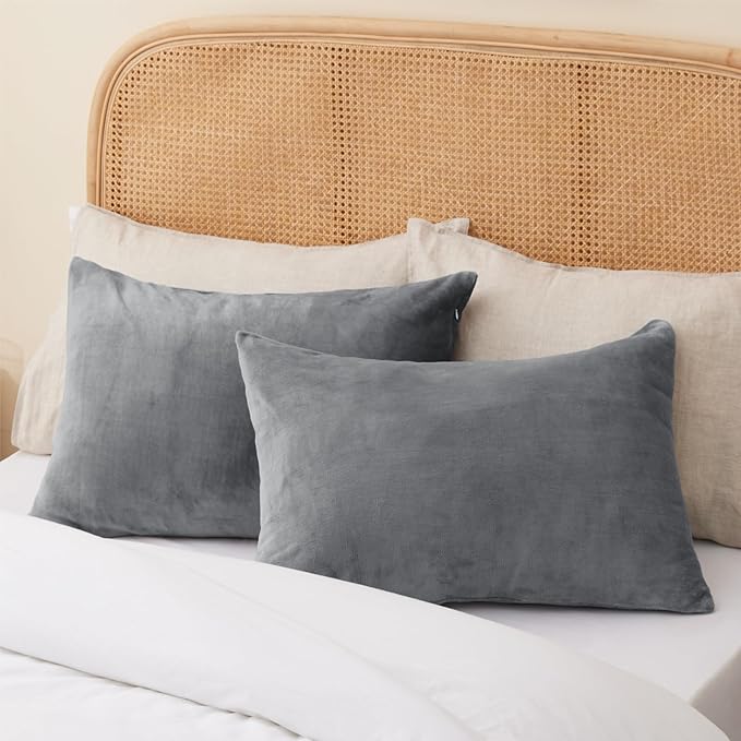 BEDELITE Flannel Pillow Cases Queen Size Set of 2, Super Soft Fleece Pillowcases with Zipper for Bedroom, Sofa, Couch,Luxury Cozy Fuzzy Velvet Pillow Shams for All Seasons(20x30 Inches,Gray)