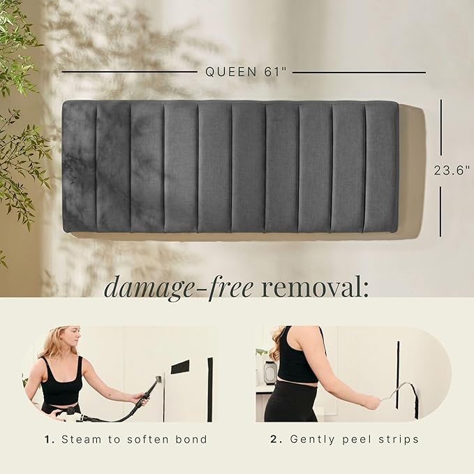 Hearth & Harbor Upholstered Queen Headboard - Easy Assemble Channel Stitched Headboard Queen Size - Wall Mounted Headboards with 3D Soundproof Wall Panels Peel & Stick Floating Headboards, Grey