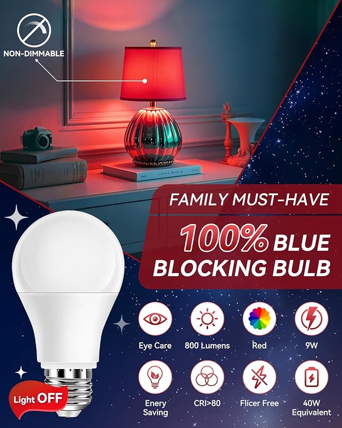 Neporal 3W 625nm Red Light Bulbs for Sleep, 100% Blue Light Blocking Bulb, Red Light Night Light for Melatonin Promoting, A19 40W Equivalent Dim Light Bulbs for Bedroom, Baby Nursery,4 Pack