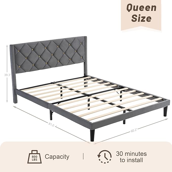 Queen Bed Frame with Headboard, Bed Frame Queen Size with Sturdy Wooden Slats Support, Platform Frame with Velvet Upholstered Headboard, Mattress Foundation, Easy Assembly, No Box Spring Needed Grey