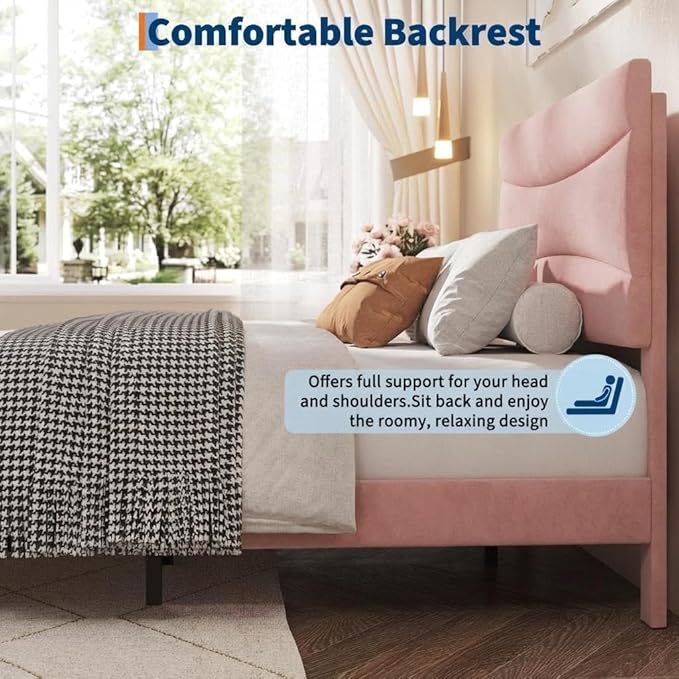 IDEALHOUSE Full Upholstered Platform Bed Frame with Ergonomic Headboard, Beige Soft Fabric, Heavy Duty Wooden Slats, Noise-Free, 6.3" Underbed Storage, No Box Spring Needed, Easy Assembly
