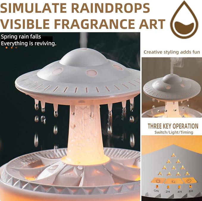Raindrop Humidifier for Bedroom Large Room -Air Humidifiers and Aromatherapy Diffuser,Ultrasonic humidifier,Quiet humidifier with Ambient Light & 4 Timer,Waterless Auto Off