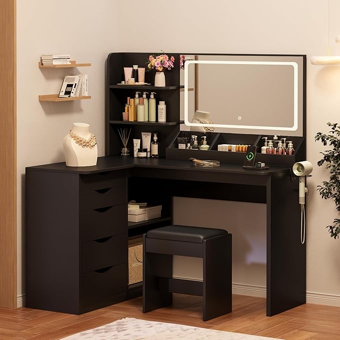 Furmax Vanity Desk with Mirror, L Shape Vanity, LED Lighted Mirror, with Power Outlet and 3 Storage Shelves, Makeup Table with 5 Drawers, 3 Color Modes, for Bedroom(Black)