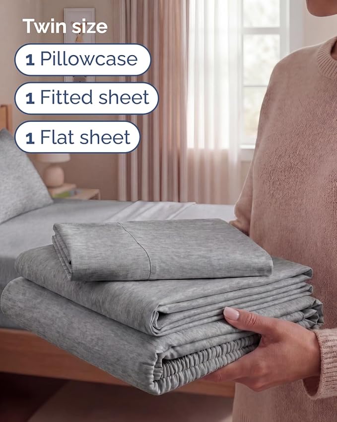 Twin Size 3 Piece Sheet Set - Comfy Breathable & Cooling Sheets - Hotel Luxury Bed Sheets for Women & Men - Deep Pockets, Easy-Fit, Soft & Wrinkle Free Sheets - Heathered Grey Oeko-Tex Bed Sheet Set
