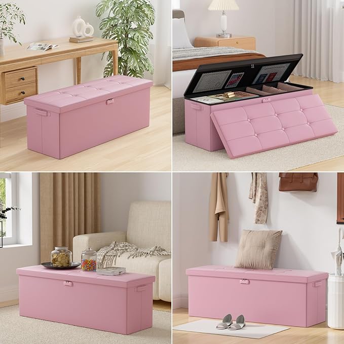 DocSafe Storage Ottoman Bench, Fireproof＆Waterproof Folding Bench with Lock(15”x 43”x15”), Leather Storage Chest with Handles＆2 Extra Boxes, Ottoman Safe for Bedroom,Living Room,Home Office, Pink