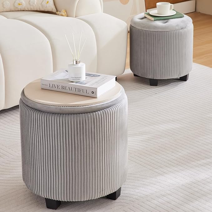 BLEXA Big Round Ottoman with Storage Set of 2,Upholstered Velvet Vanity Stool for MakeupMultifunctional Foot Rest Coffee Table Padded Seat Tufted Ottomans for LivingRoom&Bedroom (Large Grey)