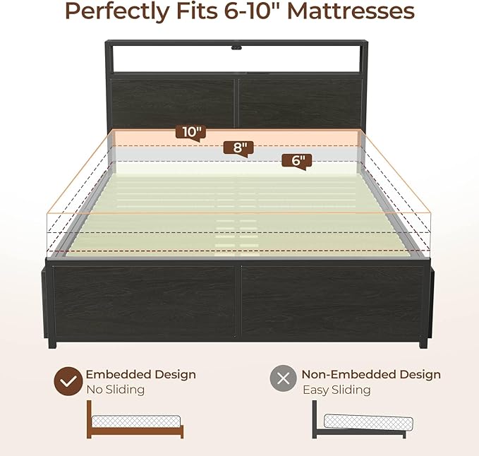 Rolanstar Queen Bed Frame with 4 Storage Drawers & 2-Tier Storage Headboard, Metal Platform Bed Frame with Charging Station & LED Lights, Noise-Free, No Box Spring Needed, Easy Assembly, Black Oak