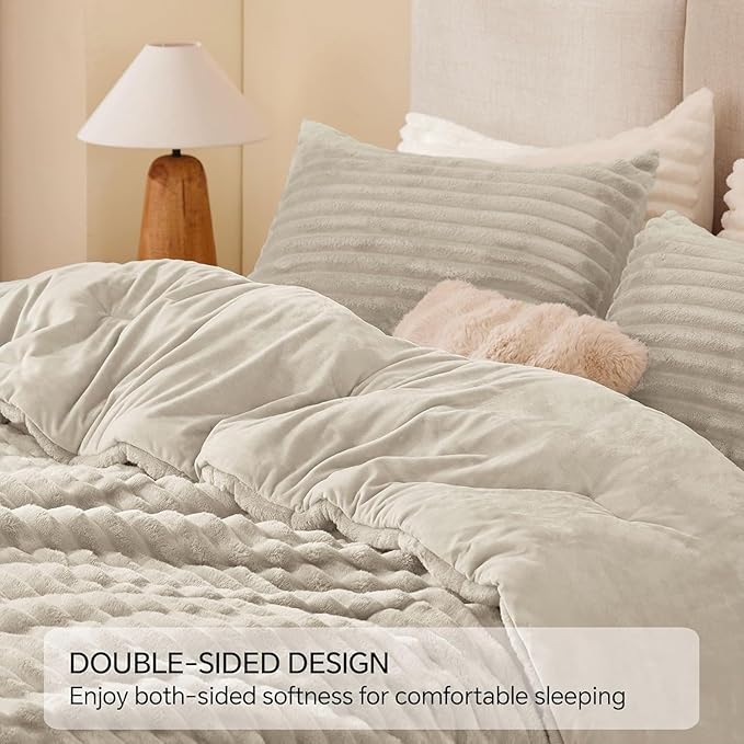 BEDELITE Fleece Full Comforter Set -Super Soft & Warm Fluffy Linen Bedding, Luxury Fuzzy Heavy Bed Set for Winter with 2 Pillow Cases