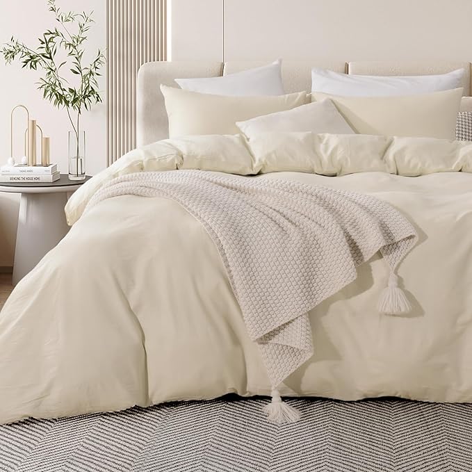 NEXHOME PRO Duvet Cover Set 100% Washed Cotton Oversized King 120"x98" Linen Feel Textured Organic 3 Pieces Bedding Set with Zipper Closure and Corner Ties, Breathable(Cream Grey, No Comforter)