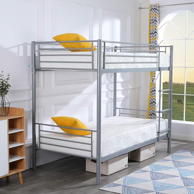 Bonnlo Metal Bunk Bed Twin Over Twin Bed Frames for Kids Bunk Beds with Flat Ladder Rungs, Heavy Duty Bunk Beds for Kids/Teens/Adults, Double Twin Bed with Metal Slats and Heighten Guardrails, Gray