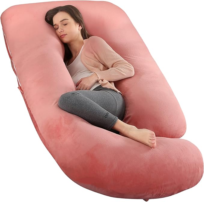 U-Shaped Full Body Pregnancy Pillow for Sleeping – 57" Maternity Pillow with Removable Cover, Support for Back, Legs, Belly & Hips (Velvet -Pink)