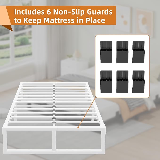 Full Size Bed Frame, 14 Inch Metal Platform Bed Frames with Squeak Free U-Slot Design, 6 Non-Slip Guards, 3500lbs Heavy Duty Steel Slat Support, No Box Spring Needed, Under Bed Storage, White