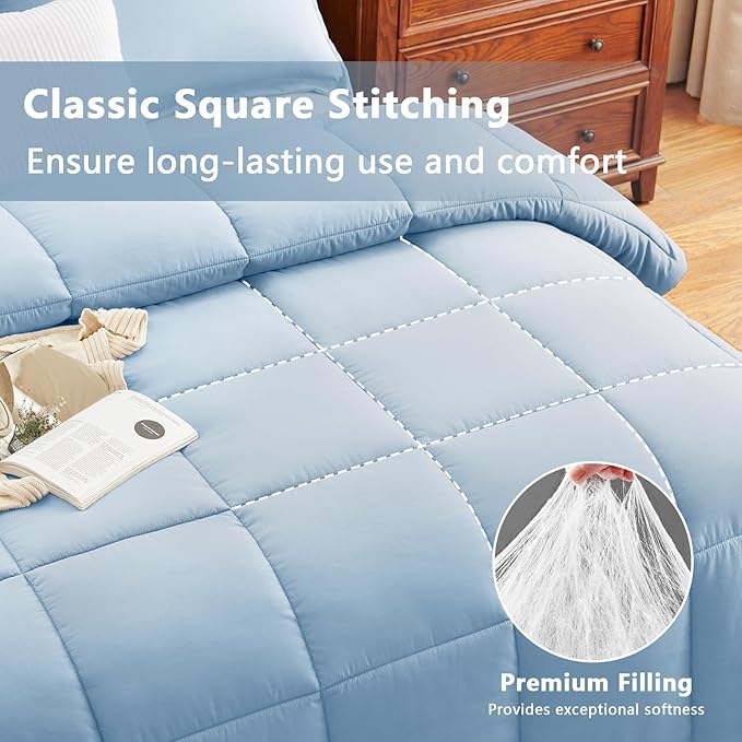 CozyLux King Size Comforter Set - 270GSM Baby Blue Bedding Sets for All Seasons, 3 Pieces Box Stitched Bed Set with 1 Down Alternative Comforter and 2 Pillow Shams, Soft, Lightweight, Durable