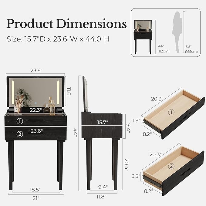 Muwuele Solid Wood Small Vanity Desk with Mirror and Lights, Narrow Makeup Vanity for Small Space, Flip Top Vanity Side Table, 3 Color Modes & Adjustable Brightness, 23.6" Slim Dressing Table, Black