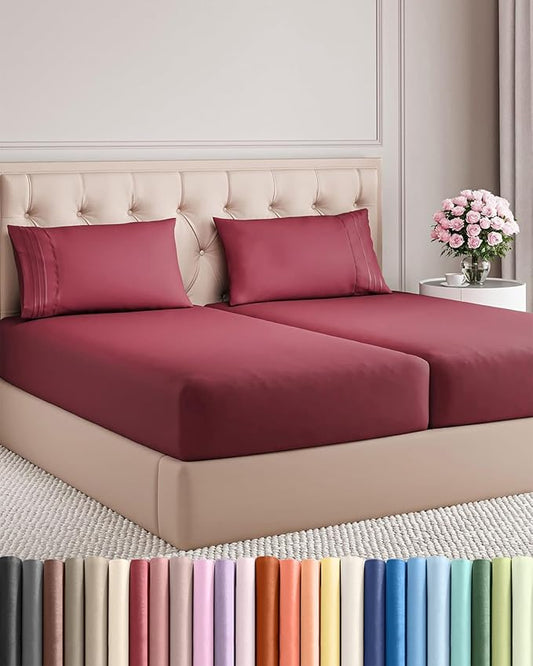 Split King Size 5 Piece Sheet Set - Comfy Breathable & Cooling Sheets - Hotel Luxury Bed Sheets for Women & Men - Deep Pockets, Easy-Fit, Soft & Wrinkle Free Sheets - Burgundy Oeko-Tex Bed Sheet Set