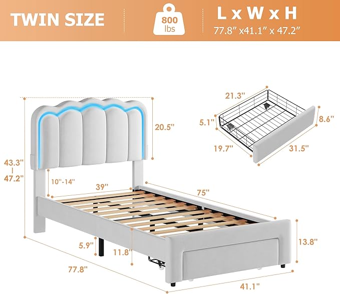 Jocoevol Twin Upholstered LED Bed Frame with Storage Drawer and Adjustable Chic Double Wavy Headboard, Velvet Princess Platform Bed for Girls/Kids, Solid Wood Slats Support, No Box Spring Needed, Grey