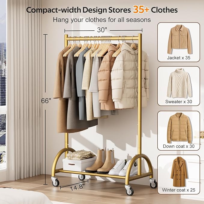 MISSLO Heavy Duty Clothing Rack with Wheels Rolling Clothes Racks for Hanging Clothes, Coats, Garment, Dress, Gold, 30" W