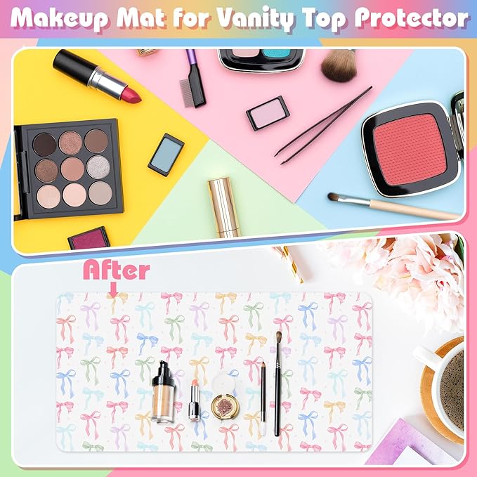 Teenyyou Coquette Bow Makeup Mat for Vanity Top Protector Graduation Gift Dual Side Leather Desk Mouse Pad Girly Waterproof Nonstick Dressing Accessories for Women Home Office(Colorful,15.7"x31.5")