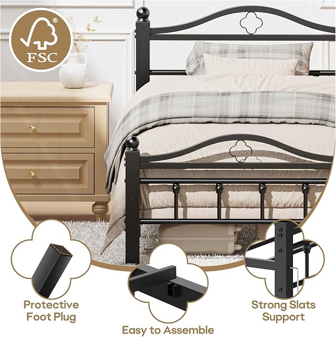 Twin Bed Frames with Vintage Headboard, 1500LBS Heavy Duty Twin Platform Bed Frame with Noise Free Design/12 Inch Under-Bed Storage Space/No Box Spring Needed/Tool-Free Assembly