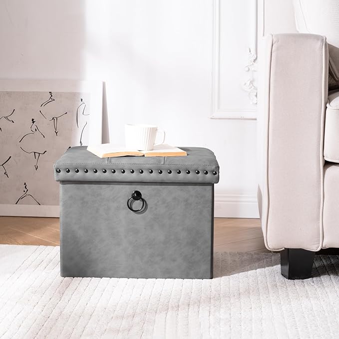 oakvivo Storage Ottoman Cube 16x12x12 inches, Small Faux Leather Tuffed Foot Rest Stool with Rivet Design, Foldable Ottomans Footstool, Box Chest for Bedroom, Entryway, Load 242 lb, Grey